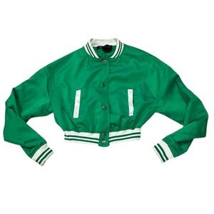 Women’s Small Emerald Green Cropped Varsity Bomber Jacket White Trim & Snaps